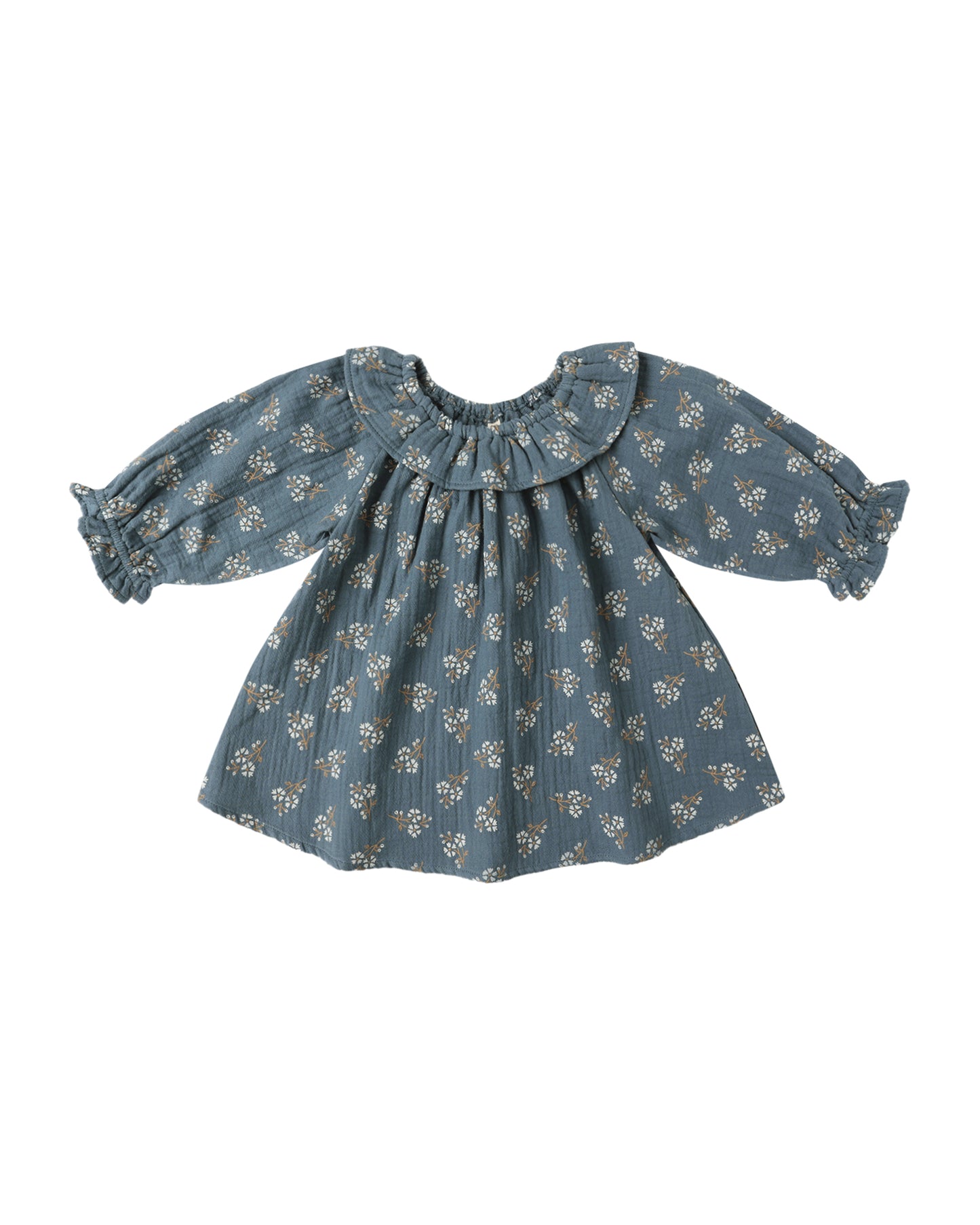 Front view of Quincy Mae Long Sleeve Isla Dress in blue floral print, featuring ruffled collar and long sleeves.