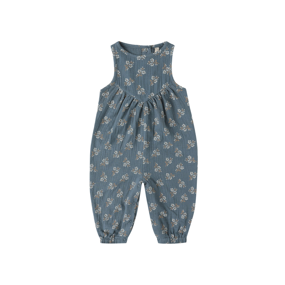 Front view of Quincy Mae Maisie Overall in blue floral print, featuring adjustable straps and matching bloomers.