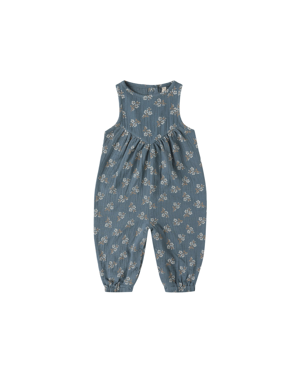 Front view of Quincy Mae Maisie Overall in blue floral print, featuring adjustable straps and matching bloomers.