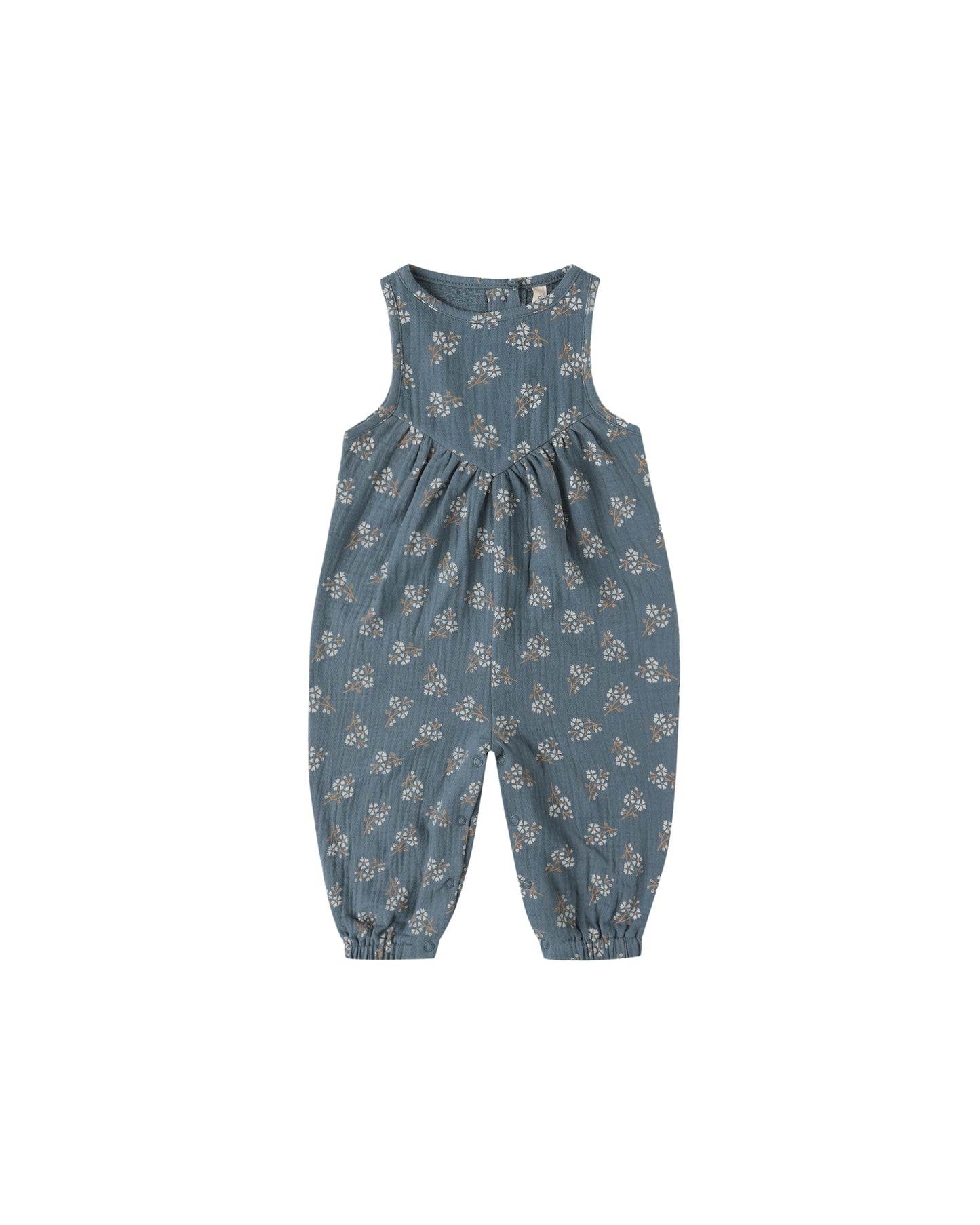 Front view of Quincy Mae Maisie Overall in blue floral print, featuring adjustable straps and matching bloomers.
