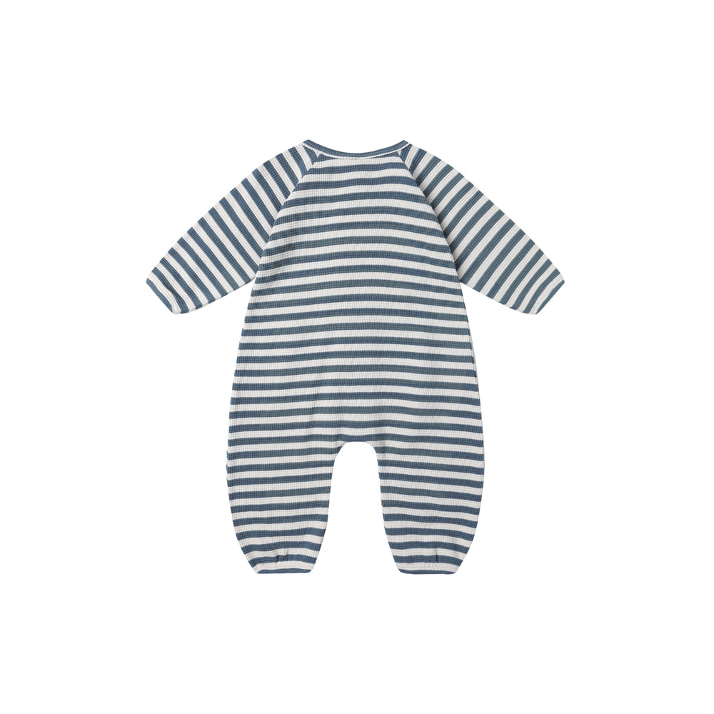 
                      
                        Back view of Quincy Mae Waffle Long Sleeve Jumpsuit in ocean stripe, showing relaxed fit and seamless design.
                      
                    