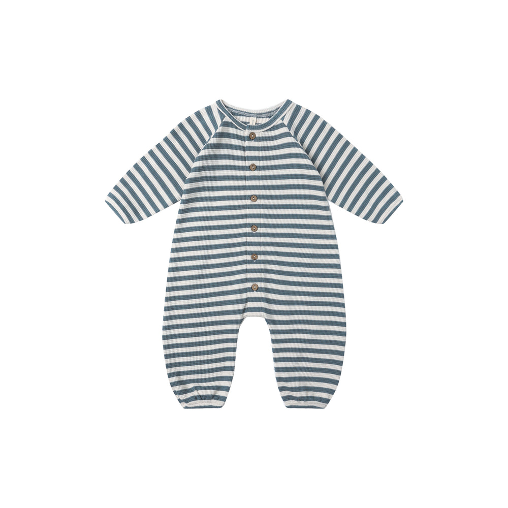 Front view of Quincy Mae Waffle Long Sleeve Jumpsuit in ocean stripe, featuring hidden snaps and soft organic cotton waffle knit.