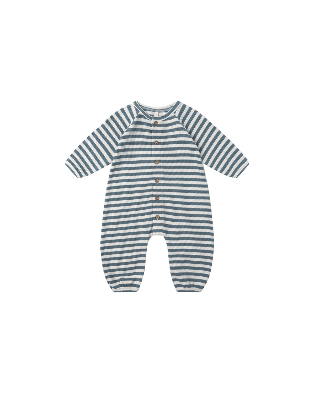 Front view of Quincy Mae Waffle Long Sleeve Jumpsuit in ocean stripe, featuring hidden snaps and soft organic cotton waffle knit.