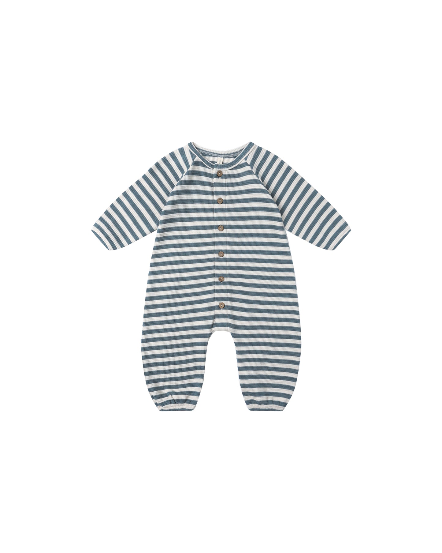 Front view of Quincy Mae Waffle Long Sleeve Jumpsuit in ocean stripe, featuring hidden snaps and soft organic cotton waffle knit.