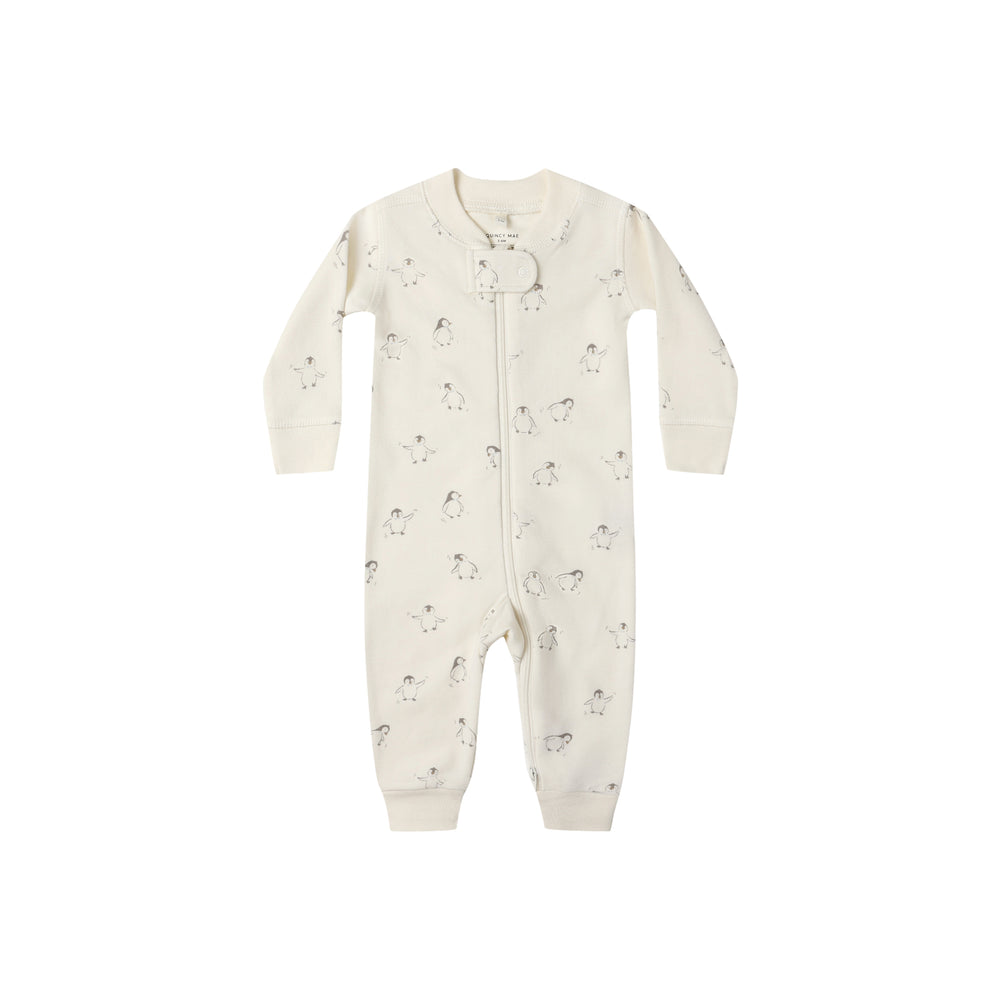 Front view of Quincy Mae Zip Long Sleeve Sleeper featuring playful penguin print on organic cotton.