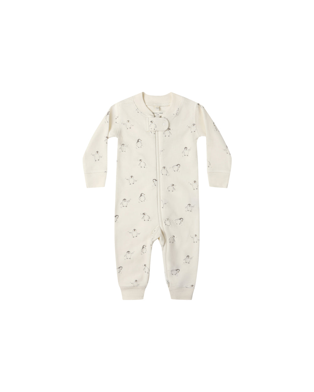 Front view of Quincy Mae Zip Long Sleeve Sleeper featuring playful penguin print on organic cotton.