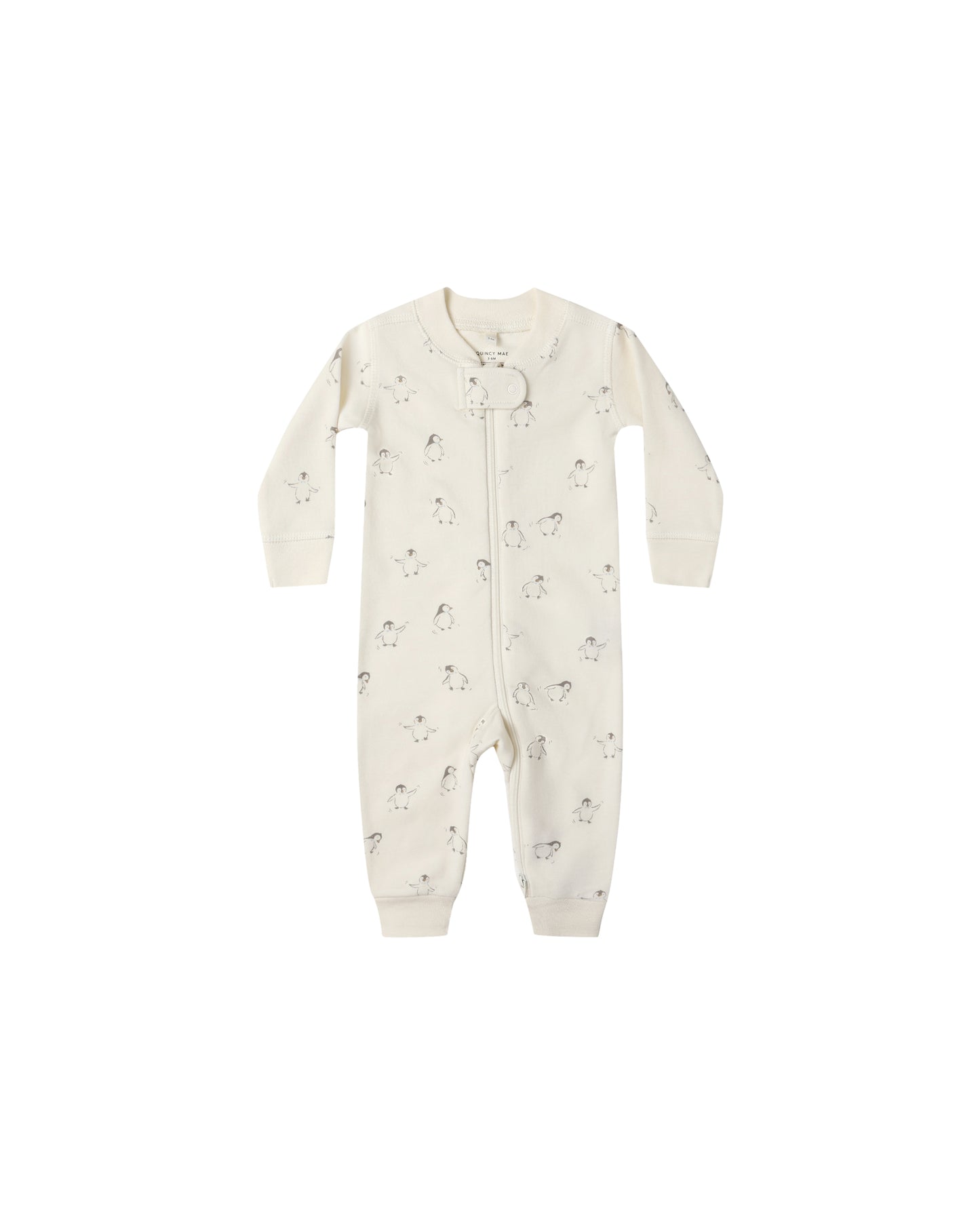 Front view of Quincy Mae Zip Long Sleeve Sleeper featuring playful penguin print on organic cotton.