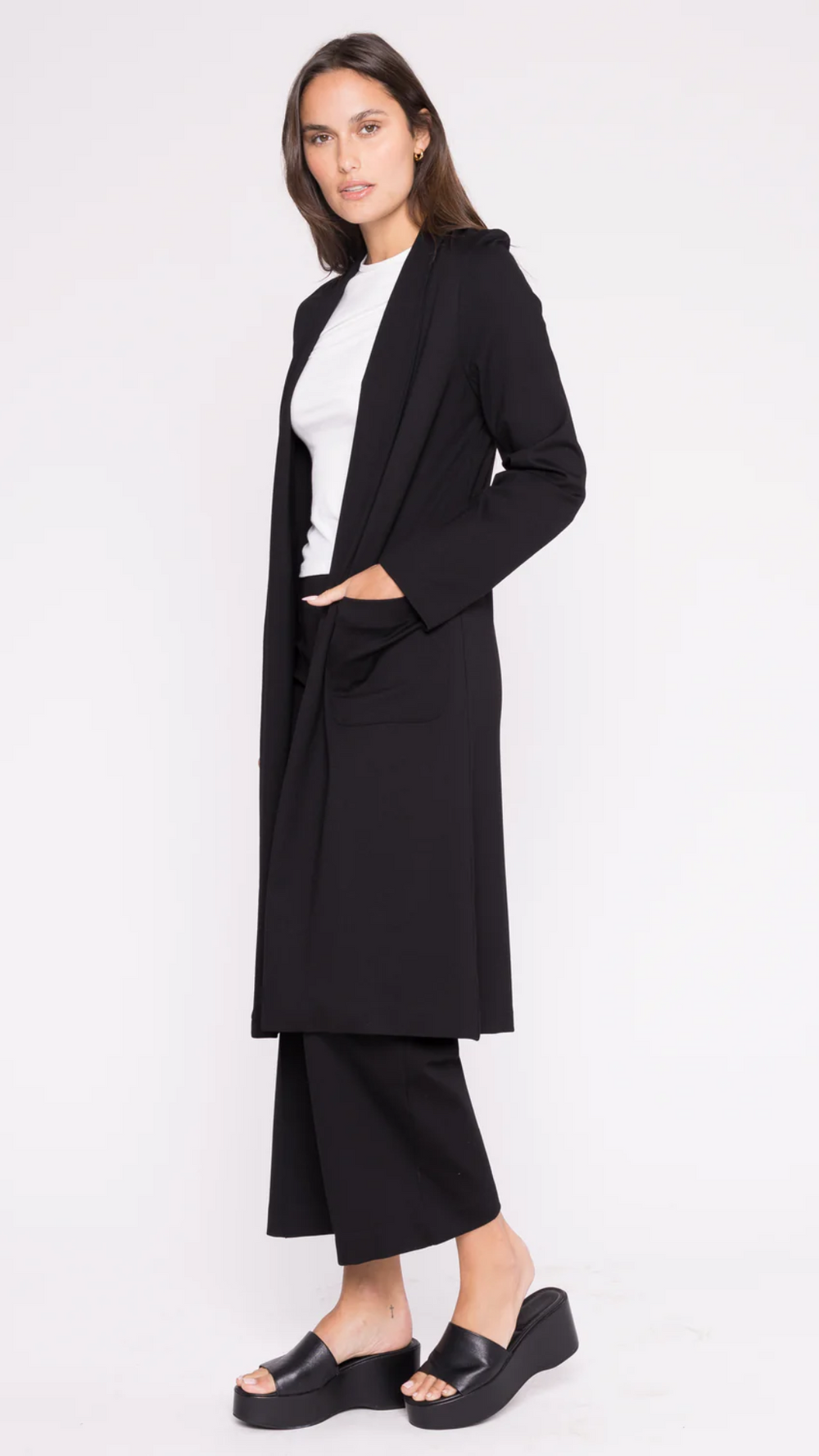 Side view of the Ripley Rader Ponte Knit Smoking Jacket in Black, showcasing its tailored silhouette and luxurious ponte knit fabric.