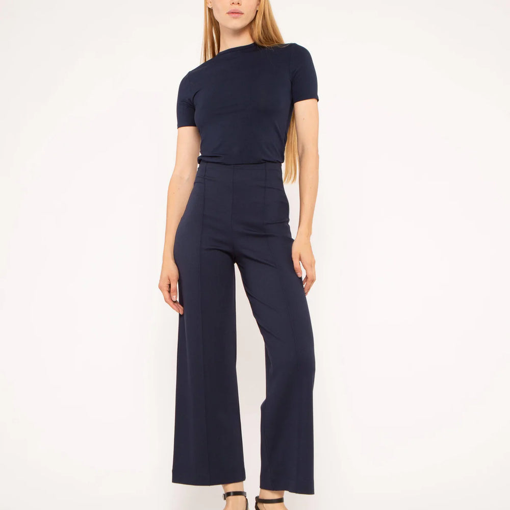 Ponte Knit Straight Leg Pant Cropped in Navy, featuring a sleek straight-leg silhouette.