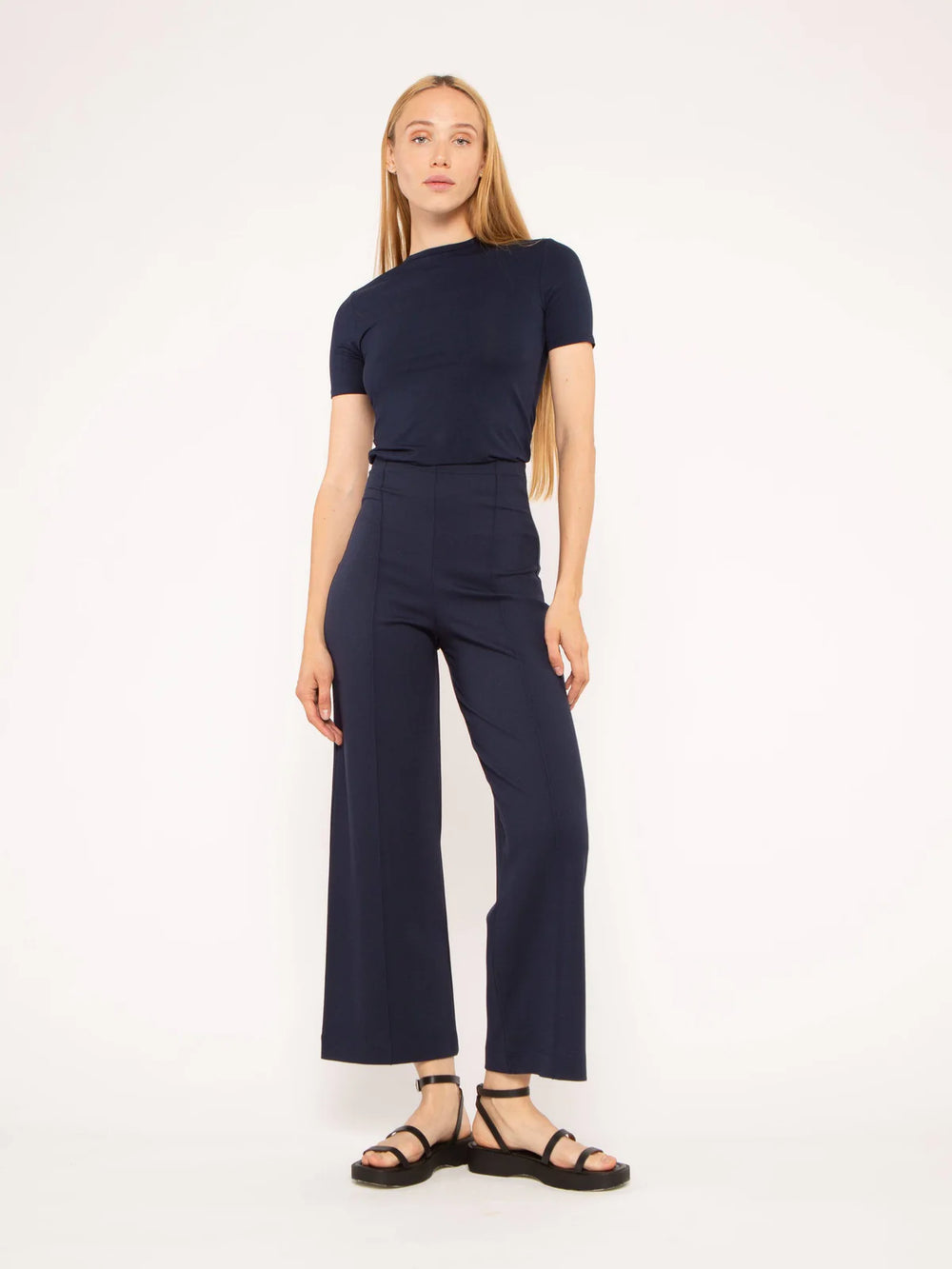 Ponte Knit Straight Leg Pant Cropped in Navy, featuring a sleek straight-leg silhouette.