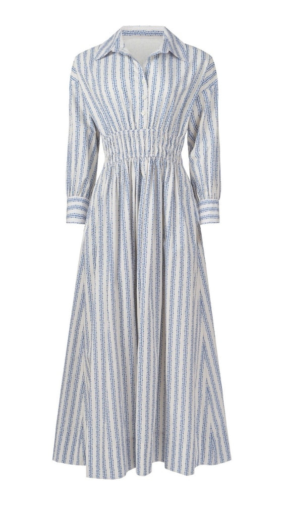 
                      
                        Flat lay of the Sable Dress in floral stripe, front view showing collar, button placket, and cinched waist details.
                      
                    