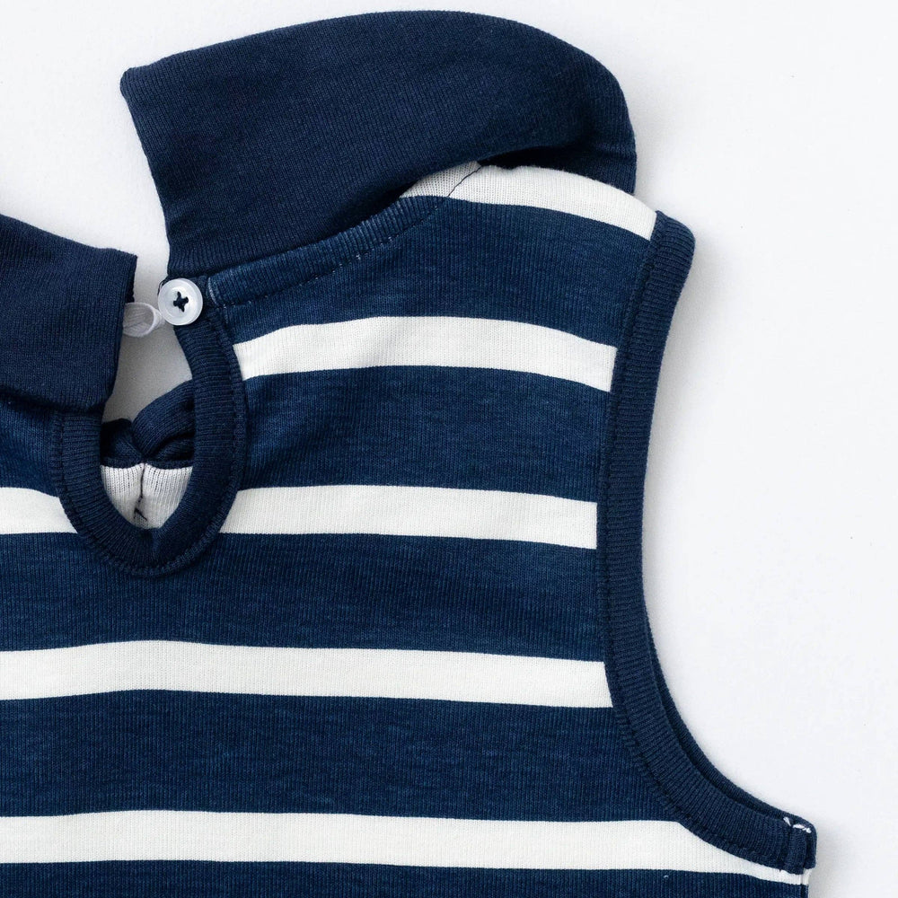 
                      
                        Flat lay of the back neckline showing sailor collar and button closure on striped Sailor Dress
                      
                    