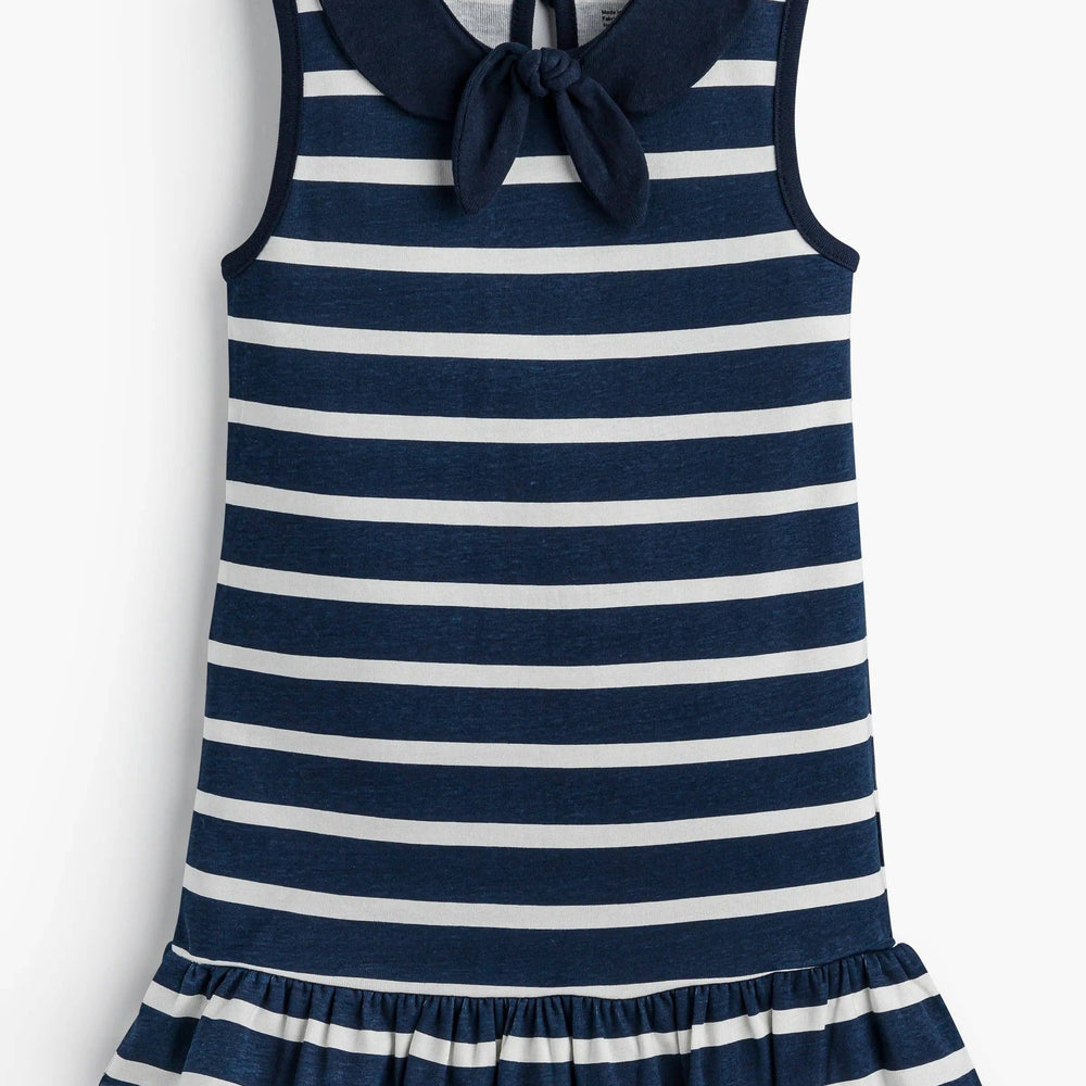Flat lay of Girls Sailor Dress in Sailor Stripes showing full length and drop waist silhouette