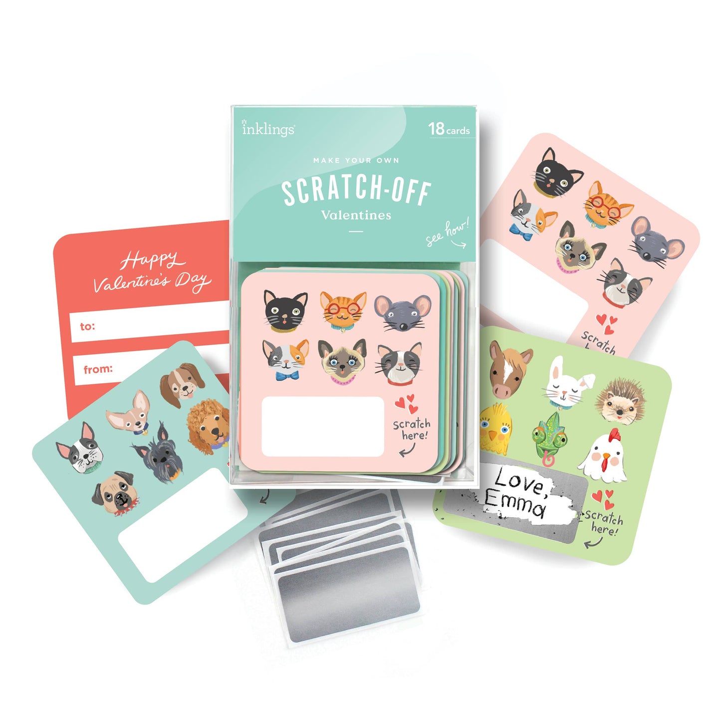 Flat lay of scratch-off Valentine cards featuring dog, cat, and pet designs with scratch-off stickers included
