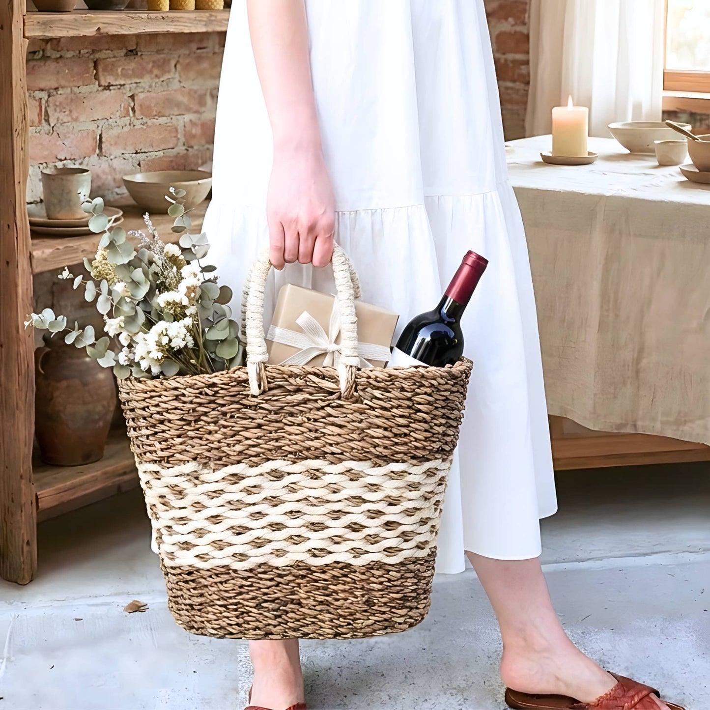 Handmade seagrass gift basket tote styled with baby and home gifts