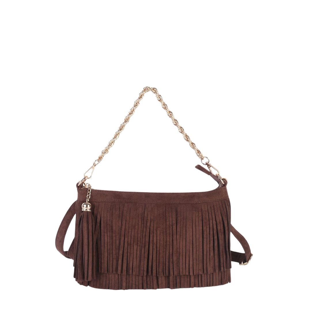 Sloane fringe bag in faux suede with gold chain shown in flatlay.
