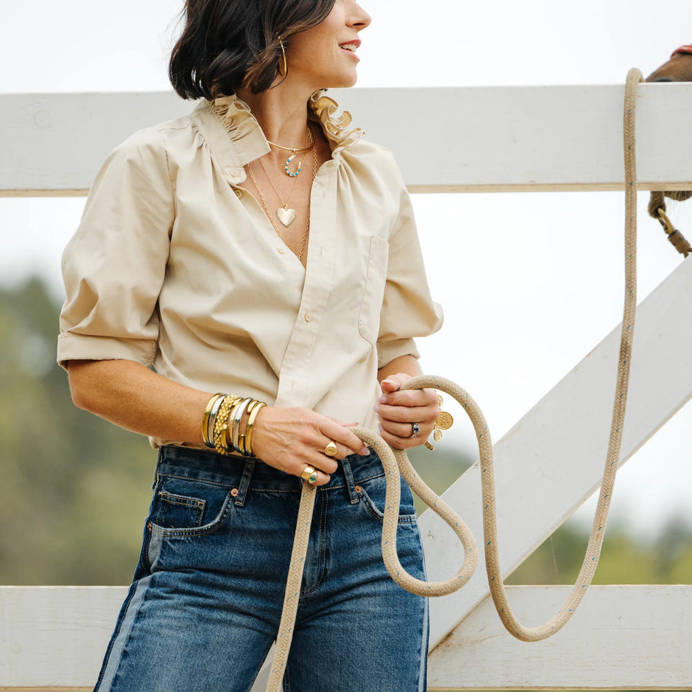 Southern Lover Shirt – Tan with ¾ Puff Sleeves & Signature Ruffle Collar