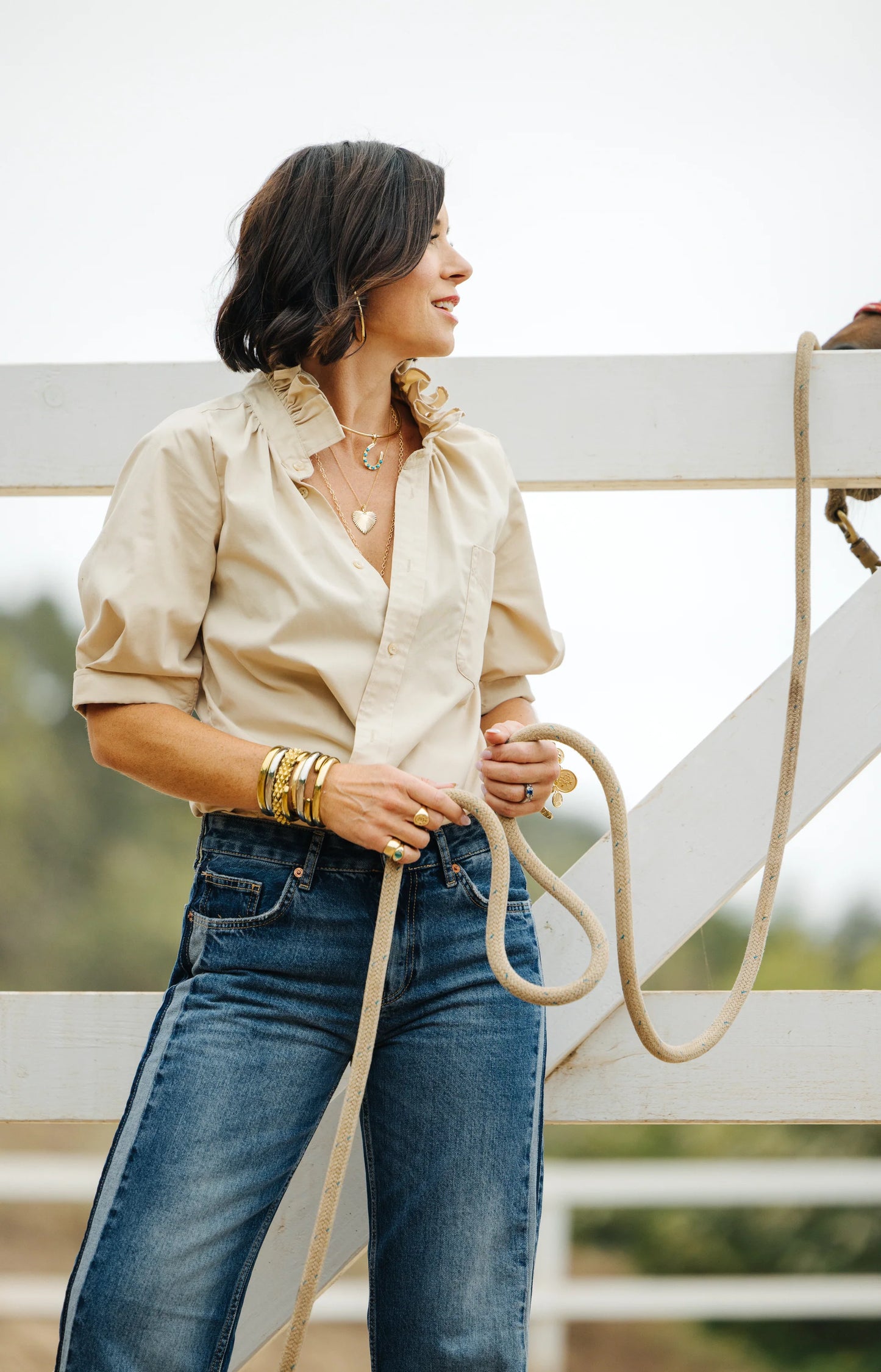 Southern Lover Shirt – Tan with ¾ Puff Sleeves & Signature Ruffle Collar