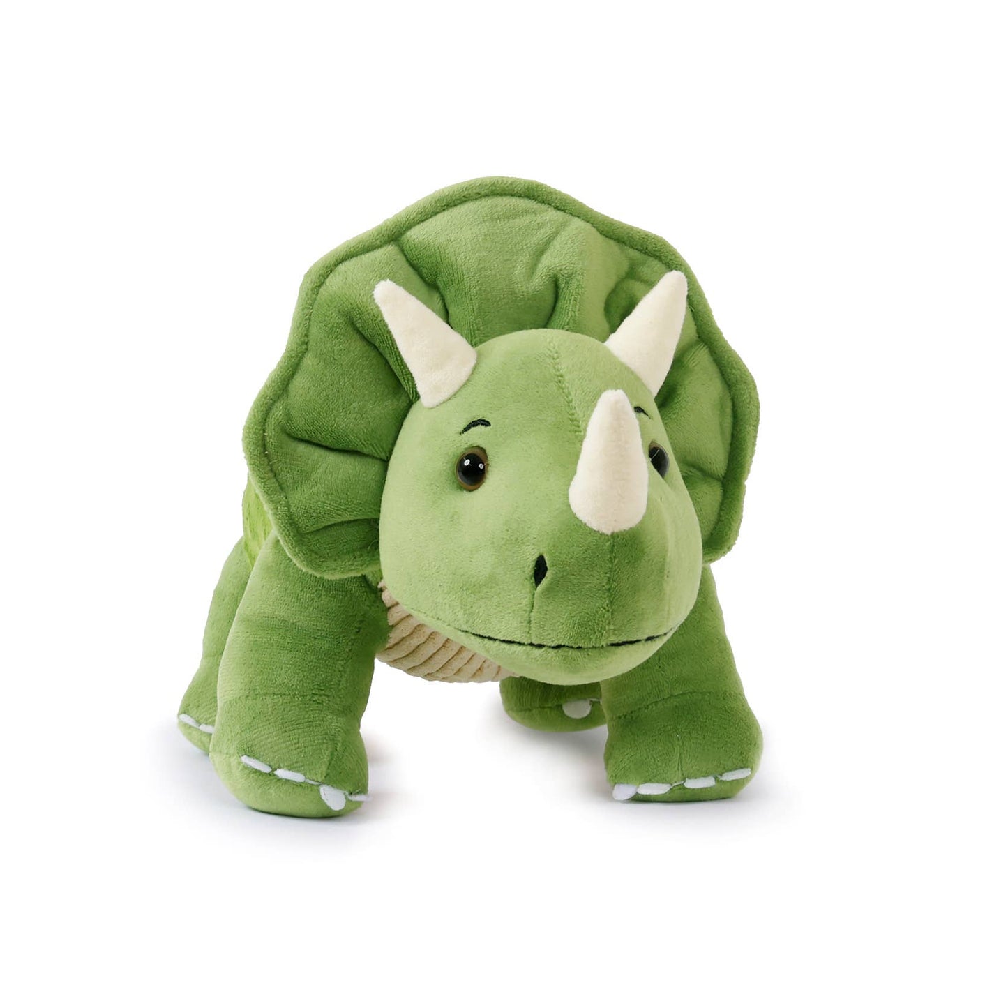 Flatlay of Spike Triceratops soft toy showing weighted dinosaur plush made with eco-friendly materials