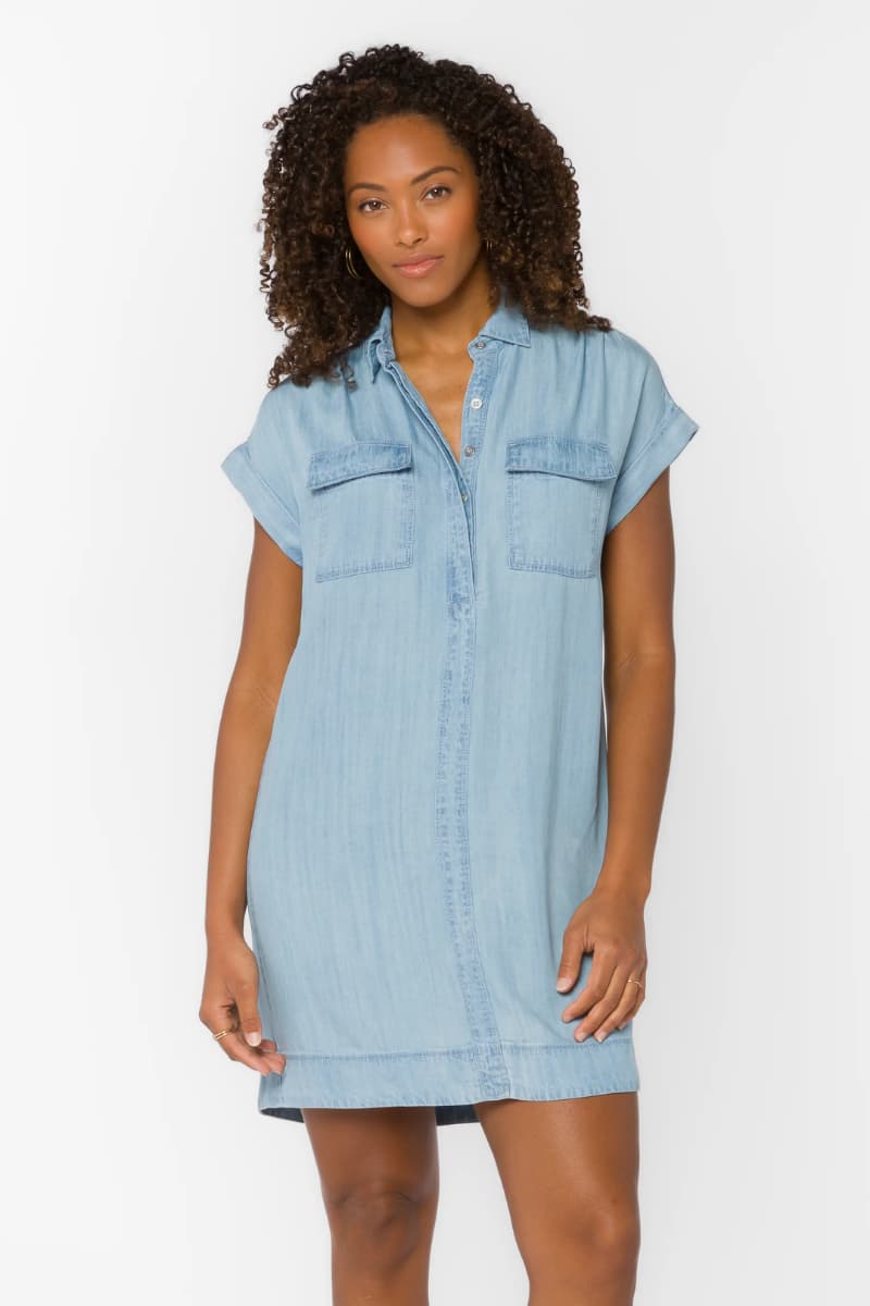 Flap chest pocket and cuffed sleeve detail — Starla Classic Indigo Dress, Grace & Haven Essex CT