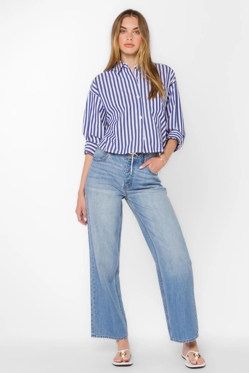 Woman wearing Stormi Blue Stripe Shirt in cropped cotton poplin — Grace & Haven, Essex CT