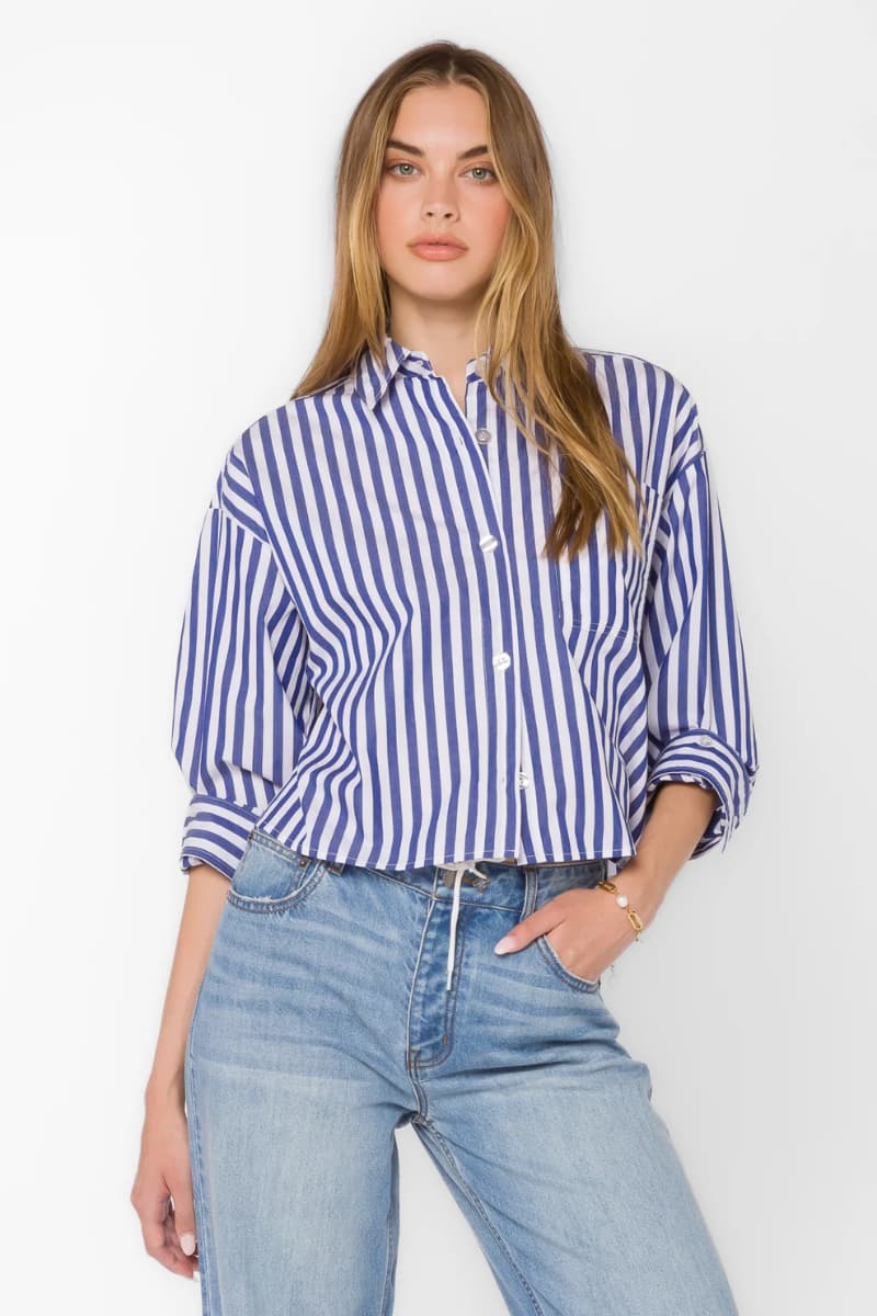 Stormi Blue Stripe Shirt, cropped button-up with collared neckline — Grace & Haven boutique