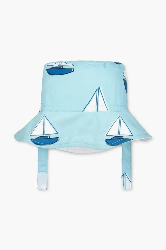 Flat lay of Set Sail kids sun hat showing nautical-inspired pattern and bucket-style brim