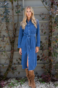 Marea Teagan indigo corduroy midi shirtdress with waist tie, front view