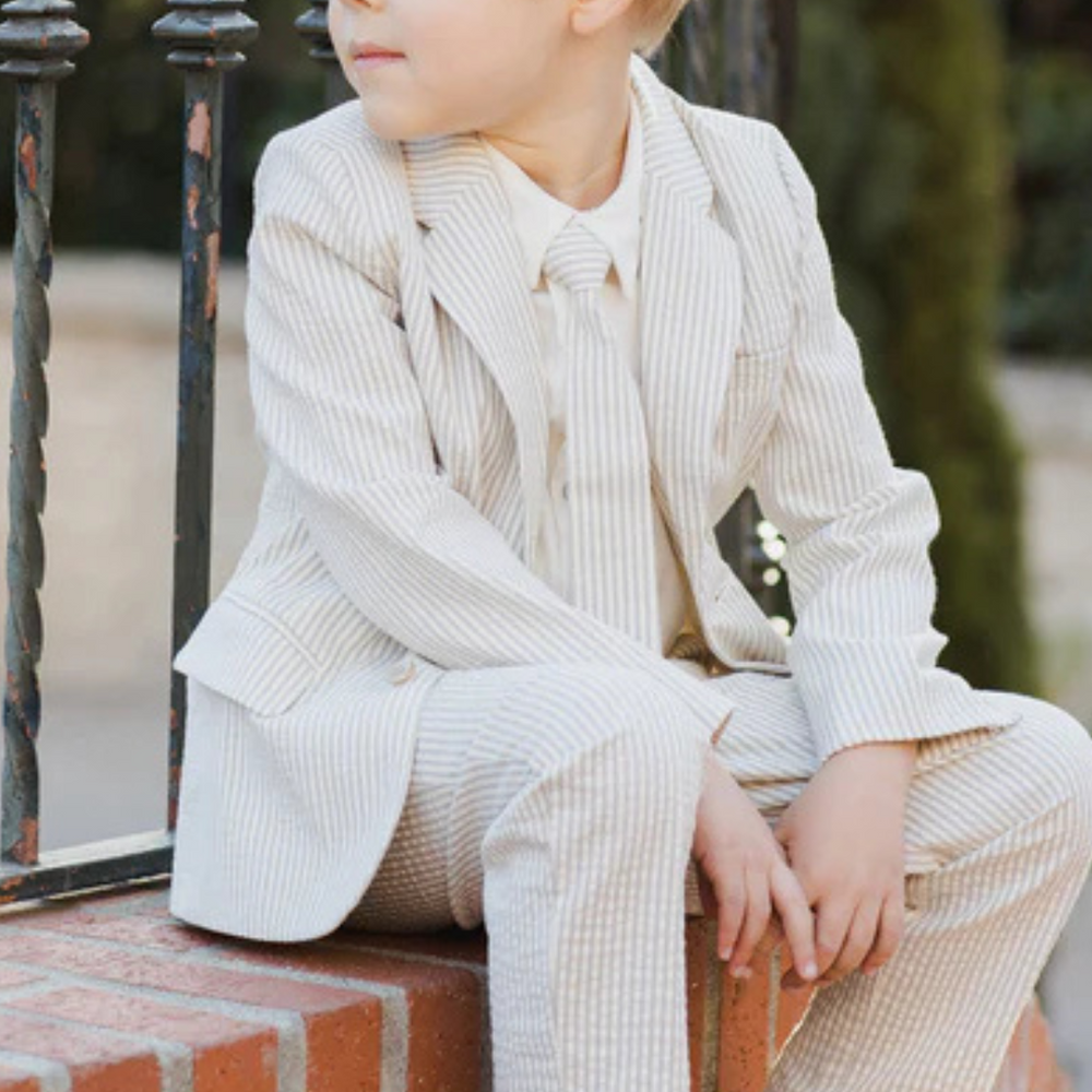 Toddler boy wearing Noralee Sage Stripe Skinny Tie with matching Sebastian Blazer and Pant - perfect wedding outfit