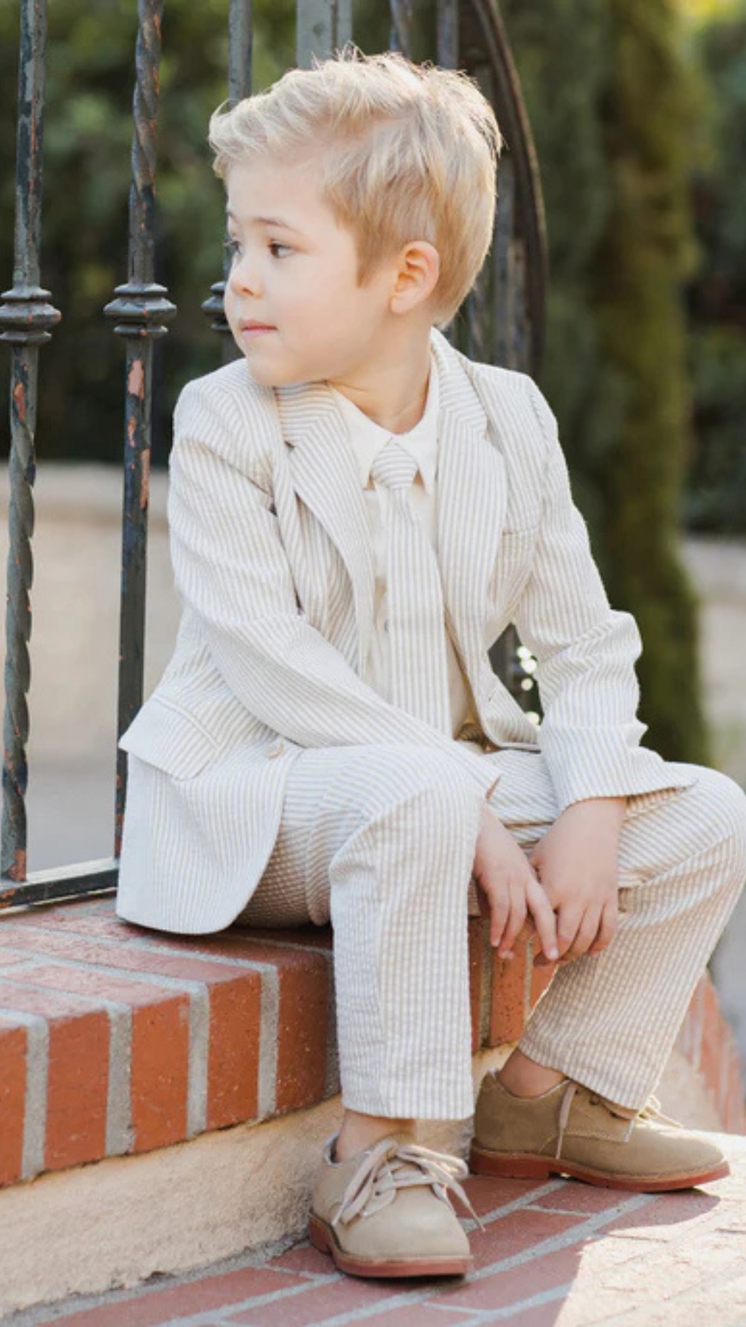 Toddler boy wearing Noralee Sage Stripe Skinny Tie with matching Sebastian Blazer and Pant - perfect wedding outfit