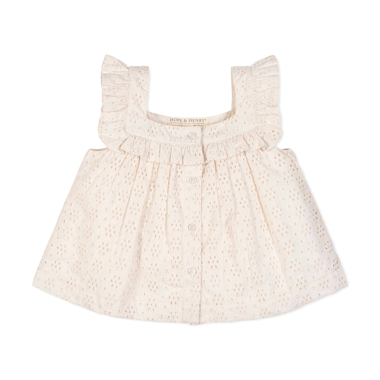 Button front closure detail on Toddler Organic Eyelet Tank, organic cotton eyelet