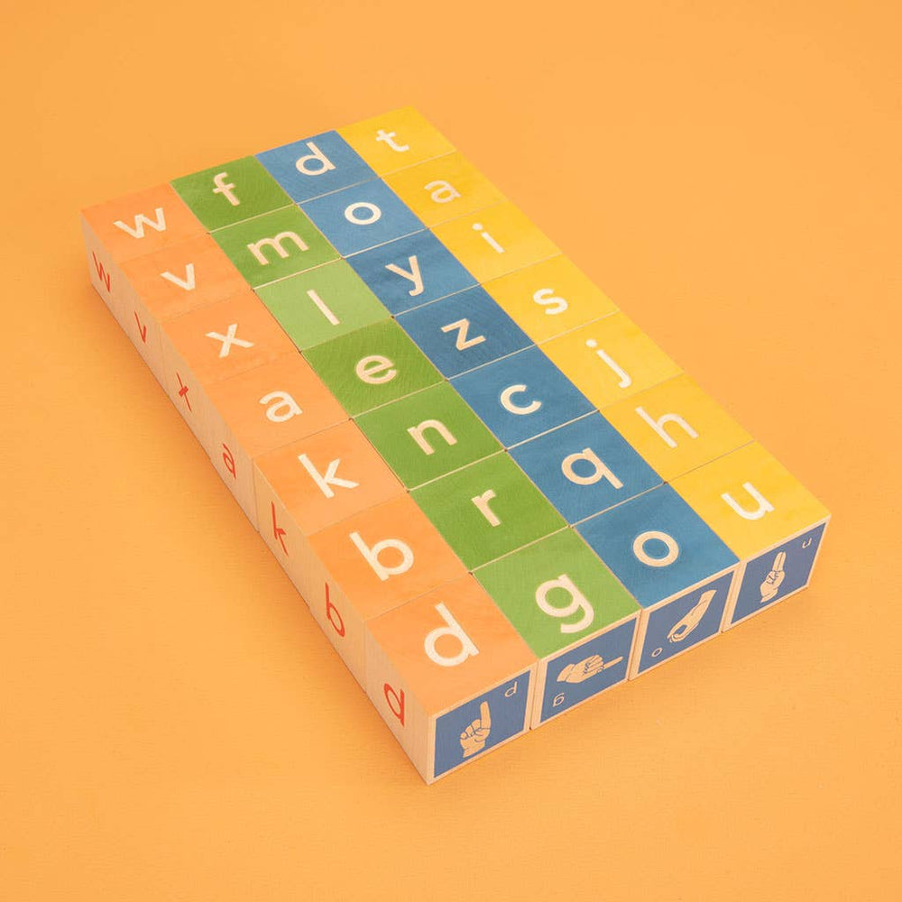 
                      
                        Flatlay image of Uncle Goose ASL wooden blocks featuring clean, serif-free alphabet letters for tactile learning and visual clarity
                      
                    