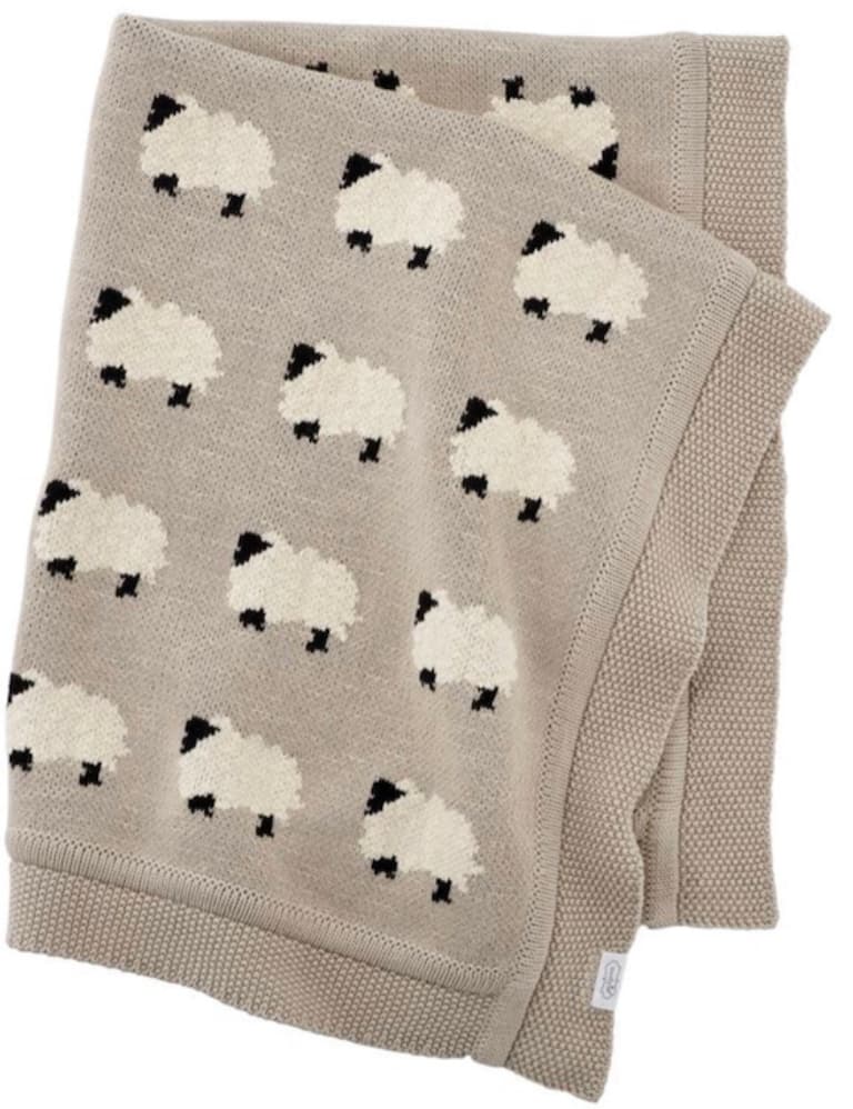 Organic cotton jacquard baby blanket with sheep motif by Viverano Organics.