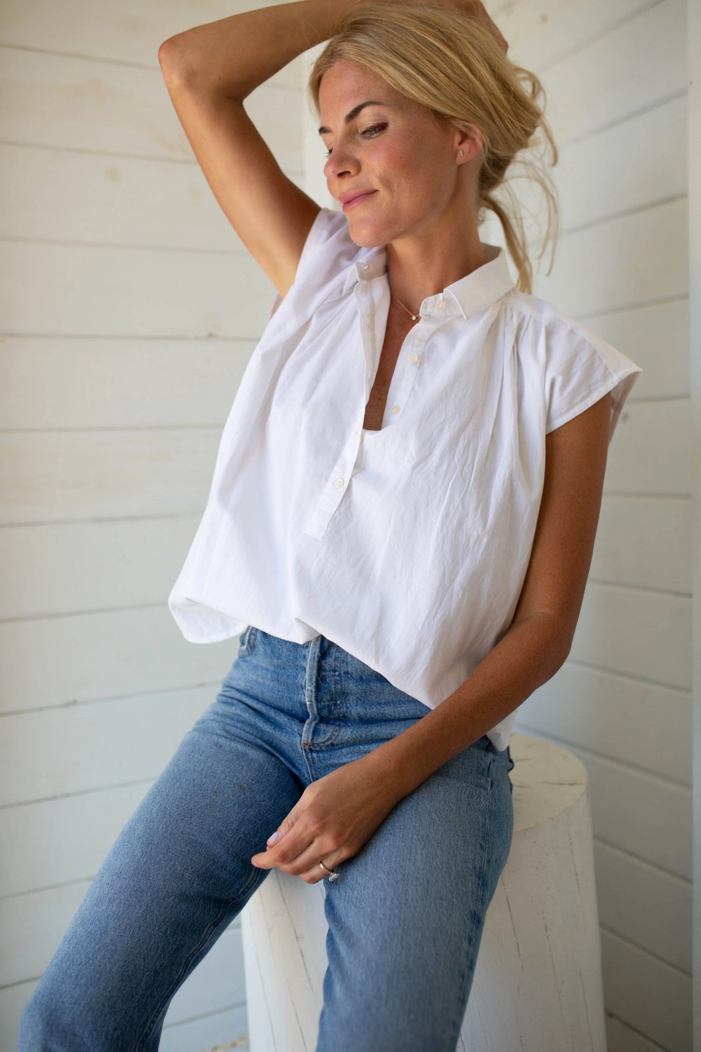 Diane Top by Marea styled tucked into blue denim