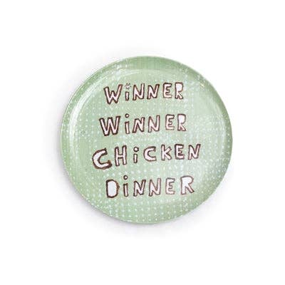 Green melamine plate with the phrase “Winner Winner Chicken Dinner” in black & white text, from Sugarboo & Co’s Breakfast Club Collection.