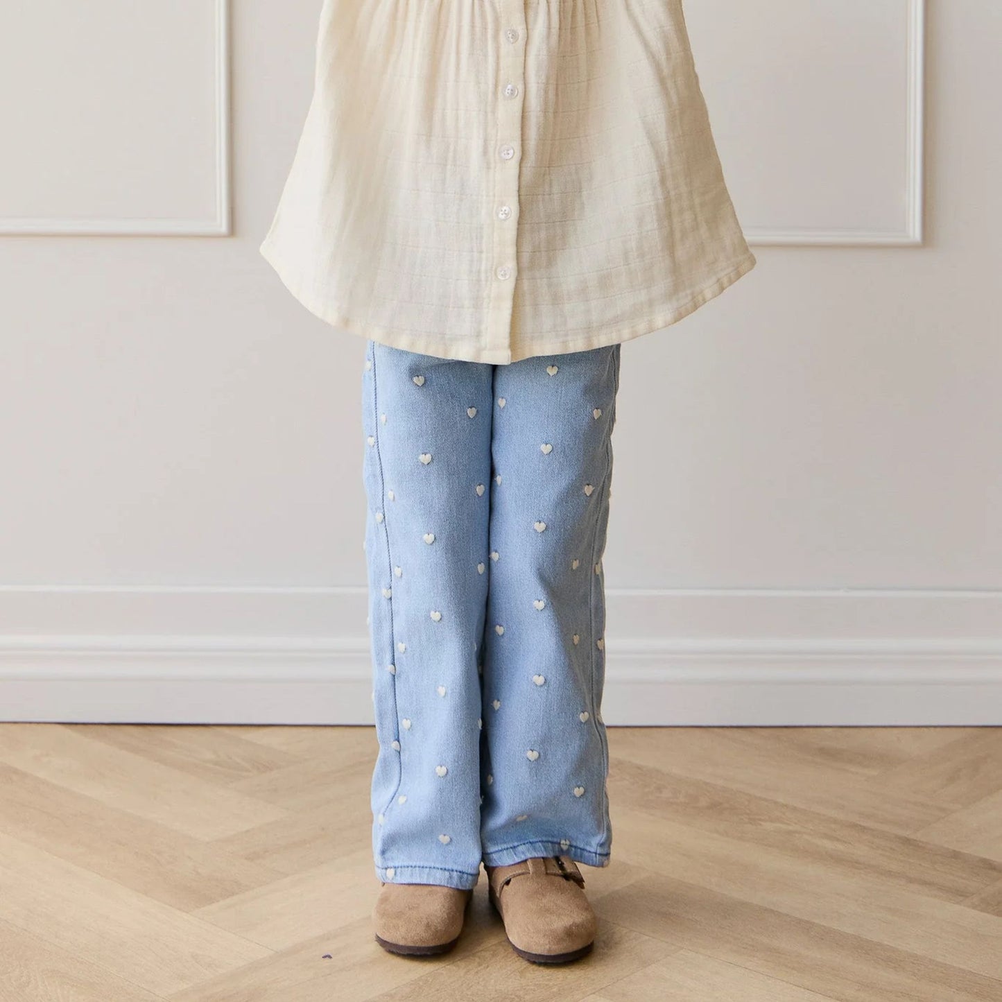 Child wearing Jamie Kay Yvette Petite Heart Denim organic cotton pants