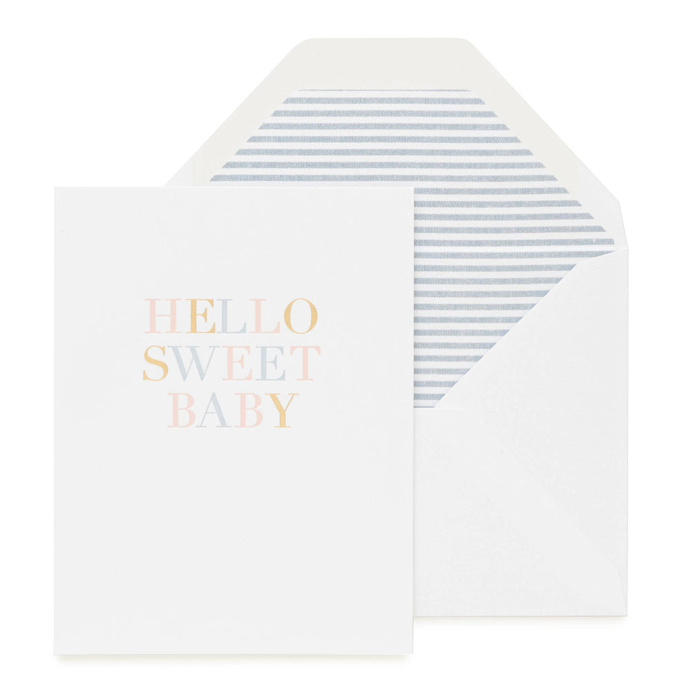 A flat lay of the "Hello Sweet Baby" greeting card and matching envelope. The card features a charming design with soft pastel colors and sweet baby-themed illustrations, making it the perfect gift for new parents or baby showers. The envelope complements the card with a simple, elegant design. The soft lighting and minimalistic background draw attention to the card's delicate details, showcasing its gentle, welcoming vibe.