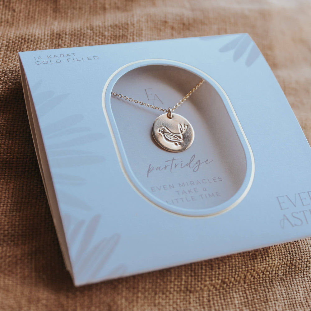 
                      
                        A flat lay of the Partridge Fertility Necklace by Ever Aster, crafted in gold-filled material. The delicate necklace is elegantly displayed in its packaging, with the heartwarming message "Even Miracles Take a Little Time" printed on the inside lid. The necklace features a simple yet meaningful design, symbolizing hope and new beginnings. This thoughtful piece is perfect for those on a fertility journey or as a gift for someone looking to embrace patience and positivity.
                      
                    